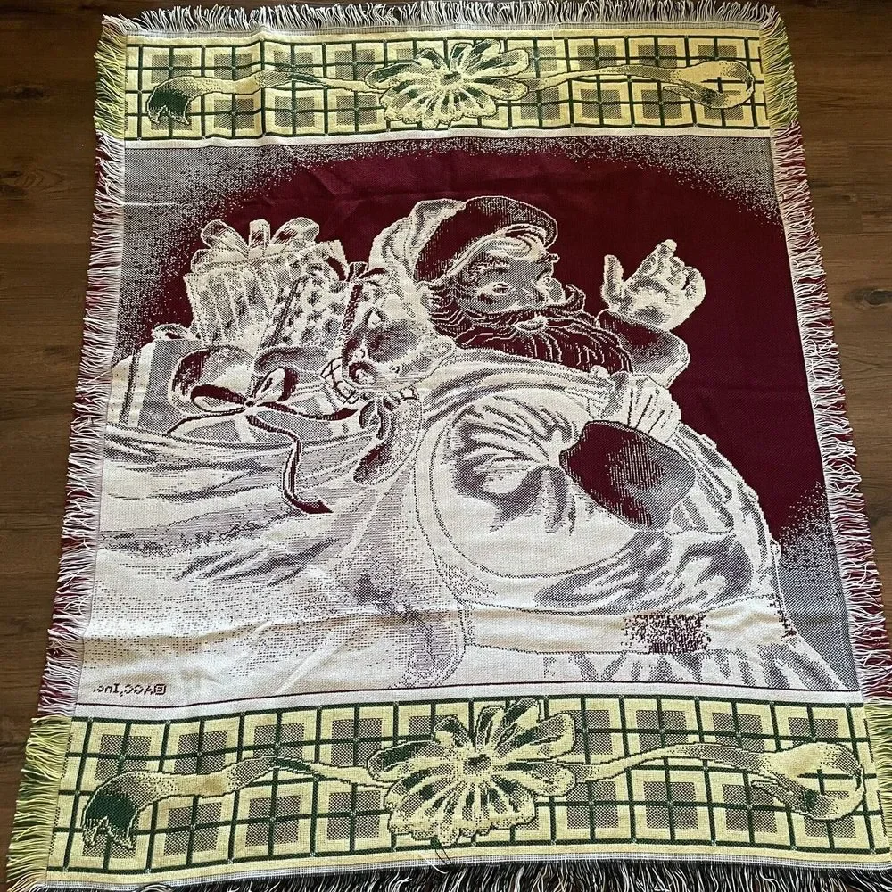 VTG Santa Claus Christmas Woven‎ Tapestry Throw Blanket Gifts Plush Tassel Trim